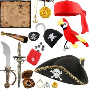 16 Pcs Kids Pirate Hat Costume Kit Stuffed Parrot on Shoulder Tricorn Hat Accessories for Boys Halloween Cosplay