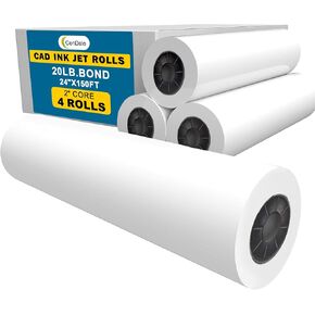 Wide Format Paper 24" x 150' - 4 Rolls Plotter Paper, 20lb CAD Bond Rolls on 2" Core, Printing paper for Inkjet HP, Canon, Epson Printer, Acid-free Bond Rolls for Blueprint, Poster, Drafting