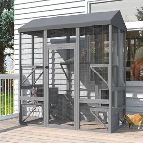 Catio Outdoor Cat Enclosure, Large Cat House for Mulitiple Cats Walk in Cat Cage with Waterproof Cover and Sunshine Panel Roof, Feral Cat Shelter with 7 Platforms and 2 Resting Box, 72 inch