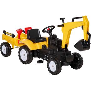 Aosom Digger Ride-on Truck Kids Car with Horn, Excavator Ride-on Toy, Imaginative Toy Construction Car, 6 Wheels & Detachable Trailer, Yellow