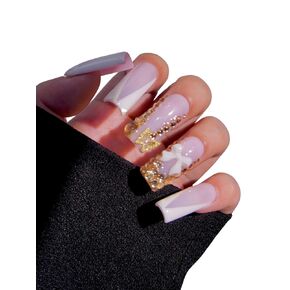 HAND-PAINTED Purple False Nails Set Coffin Press on Nails Pressons Kit Medium Length Stick on Nails Shoot Nail Art Short Nails with Nail Glue on Nails Square, Long Almond Nail (Medium, L15)
