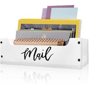 White Wooden Mail Organizer Countertop - Mail Organizer Wall Mounted, Office Mail Holder, Desktop Mail Basket for Counter, Letter Holder Box for Home Office Decor (White + Black, 3.15")