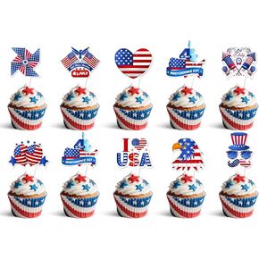 36pcs 4th of July Cupcake Toppers - Wrappers Independence Day Cupcake Liners Red White Blue Glitter Food Picks for Independence Day Party Decorations