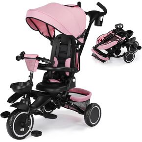 Kinder King Kids Tricycle, 8 in 1 Folding Toddler Trike w/Adjustable Push Handle, Rotatable Seat, Adjustable Canopy, Bell, Five-Point Harness, Storage, Toddler Stroller Bike for Age 6 Months+, Black