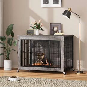 Dog Crate Furniture with Cushion,32" Wooden Dog Crate nightstand with Double Doors, Grey Kennel Indoor with Wheels, Decorative Pet House for Small Medium