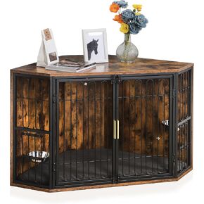 VECELO Corner Dog Crate Furniture, 43.3" Indoor Dog Kennel Indoor with Cushion & 2 Removable Trays, Wooden Dog Cage Decorative Pet House End Table for Large/Medium Dogs,Brown