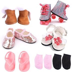 18" Doll Shoes, 5 Pairs of Doll Shoes+2 Socks 18 inch Doll Accessories Includes Snow Boots/Roller Skates/Sandals/Flip-Flops/Dance Shoes/Pink/Black Socks for American Doll Boy or Girl Dolls