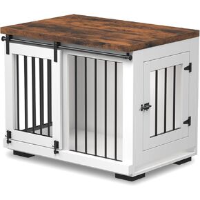 Dog Crate Furniture for Large Dogs Up to 60 lbs. - Barn Door Puppy Kennel w/Thickened Farmhouse Top & Metal Bars - 37'' Wide - White Decorative Modern Dog Crate Table, End Table, Nightstand
