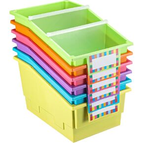 6 Pack Picture Book Organizer Bins with Dividers Large Plastic Book Holders with Labels Multi Purpose Classroom Organization Bins Storage Container for Classroom Library(Colorful)