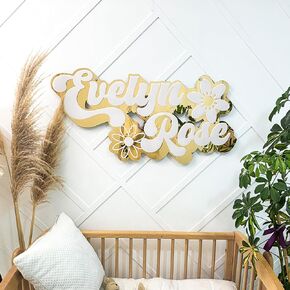 Personalized Gold Mirror Nursery Name Sign with Floral Design, Acrylic Wall Decor for kids room, Baby Room Decoration in Saudi Arabia