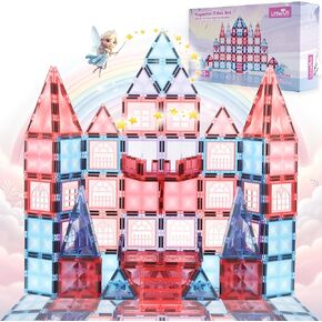 Little Pi 102pcs Frozen Princess Castle Magnetic Tiles Building Blocks - 3D Diamond Blocks, STEM Educational Toddler Toys for Pretend Play, 4 Year Old Girl Birthday Gifts Kids Ages 3 5 6 7 8 - Blue