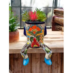 Talavera Body-Shaped Planter with Legs; 9" High x 6" Wide; Hand-Painted Mexican Pottery for Shelf or Stairs