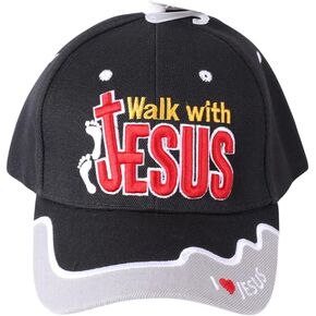 Walk with Jesus Black Canvas Cap with Embroidery | One Size Fits All | Hook & Loop Closure | 100% Polyester | Adjustable Band in Back | 6 Panel hat w/ 6 Eyelets in Kuwait