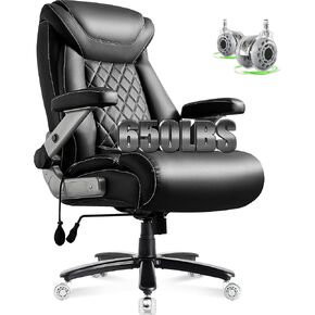 Large Big and Tall Office Chair 650lbs with Thick Spring Cushion, 5D Flip Arm Ergonomic Executive Office Chair Adjustable Lumbar Airbag&Extra Wide, Comfy Padded Heavy Duty Game Chair Dual Rubber Wheel