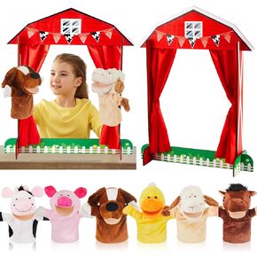 7 Pcs Wooden Puppet Show Theater Animal Hand Puppets Set Show Stage Theater Soft Plush Farm Animal Supplies