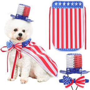 jagely 3 PCS 4th of July Dog Outfit Memorial Day Cost Dog Consuume Consuate تشمل Top Hat ، طوق Tie Bow American و Cape Petiroc Pet for Dogs Cats Puppy Kitten (M ، Fashion)