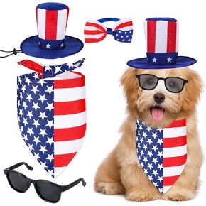 4PCS 4th of July Dog Bandanas with Uncle Sam Hat Sunglasses and American Flag Bow Tie for Dogs Cats Puppy Kitten