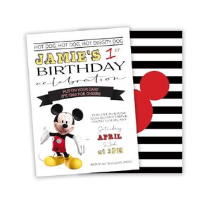 Mickey Mouse Inspired Birthday Party Invitations, 5 inches by 7 inches, Personalized, Envelopes Included