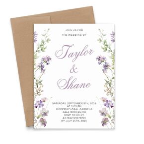 Purple Wildflower Wedding Invitations with Florals, Spring Wedding Invitation Sets, Modern Wedding Invite with Flowers, Customized Summer Wedding Invites, Your choice of Quantity and Envelope Color