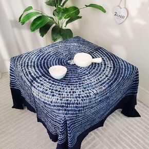 Handmade Tie-Dye Indigo Square Cotton Tablecloth/Shibori Tapestry Wall Hanging Concentric Circles / 57in / Aesthetic Home Decor in Saudi Arabia