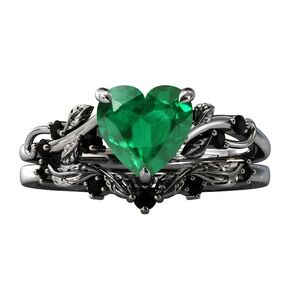 Unique 1.5Ct heart shape natural green emerald engagement ring set rose gold wedding ring Dainty diamond promise ring set anniversary ring set (White Gold Plated Silver, 11)