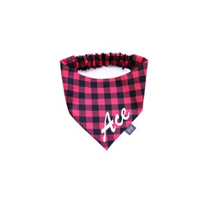 Personalized Buffalo Check Scrunchie Dog Bandana, Handmade Custom Red and Black Plaid Elastic Pet Bandana with Name, Festive Christmas Dog Bandana (X-Large)