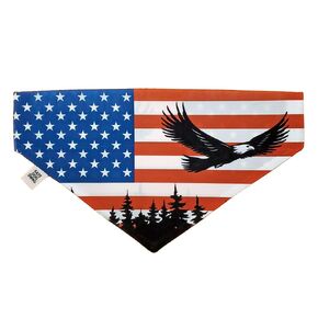 Kats Dog Swag American Flag, Eagle and trees dog bandana. Patriotic Americana dog neckwear. Slides onto a your pet's existing collar. (Medium)