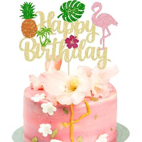Ephlyn 1Pc Tropical Luau Happy Birthday Cake Topper Glitter Palm Tree Flamingo Pineapple Aloha Cake Pick Decorations for Hawaiian Luau Theme Birthday Party Supplies
