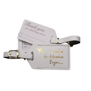 Luggage Tag Wedding Favors set of Twelve, each tag is $3.85 a piece, Premium bonded leather, made in USA and so the Adventure Begins, for weddings, bridal or baby showers, in gold imprint & buckles