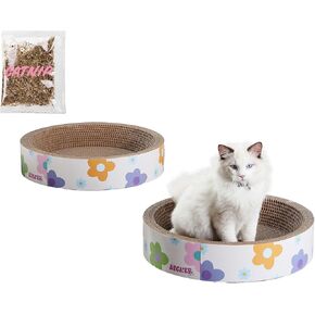 CSR1001A-SET2 Daisy 18.13" Modern Cardboard Bowl Cat Scratcher with Catnip, White/Multi (Set of 2)
