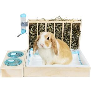 4 in 1 Rabbit Hay Feeder with Litter Box, Food & Water Bowls, Drinking Bottle, Pee Mats, for Guinea Pig, Chinchillas, Hamster, Dwarf Rabbit or Small Animals