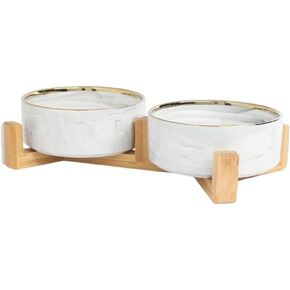 Ceramic Pet Bowl (Marble Design) Set of 2 with Stand, 2cups and 4 Cups Capacity (Marble Pink w/Gold, Small, 2 Cups per Bowl)