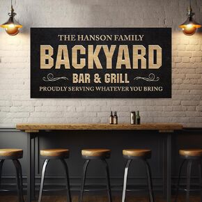 AWESOMETIK BACKYARD BAR GRILL Personalized Canvas Wall Decor with Custom Family Name Vintage, Custom Vintage BACKYARD BAR GRILL Room Decor, Entertainment Hall Living Room Lounge