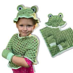 Crochet Frog Costume for Kids 3-5 Years, Includes Hat, Poncho, Fingerless Gloves, Acrylic Yarn (Poncho & Hat)