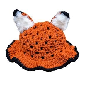 Crochet Fox Costume for Kids 3-5 Years, Includes Hat, Poncho, Fingerless Gloves, Acrylic Yarn (Hat & Poncho) (Hat, Poncho, & Gloves (full set)) (Hat)