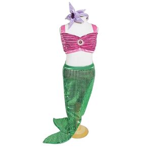 Girls Mermaid Costume with Sequin Top and Tail, Pink and Green, with Purple Hair Bow (L)