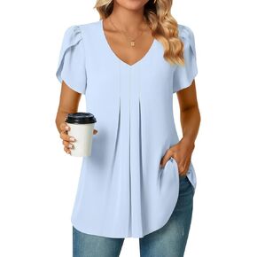 Bestbee Women's Dressy Chiffon Blouses V Neck Petal Short Sleeve Shirts 2024 Summer Tops Pleated Tunic Casual T-Shirts, L, Light Blue in Saudi Arabia