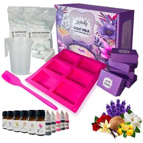 Maboko New Goat Milk Soap Kit للبالغين تشمل مستلزمات صنع صابون الماعز | قوالب الصابون ، قاعدة الصابون ، صندوق الصابون. مجموعات DIY كبيرة للبالغين. طقم صنع الصابون الشامل للمبتدئين