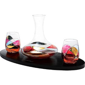 Artisanal Hand-Painted Decanter & Stemless Wine Glasses Set – Mother’s Day, Wife, Mom, or Friends – Romantic Stained Glass Windows, 2-Piece Set – Birthday or Housewarming Gift Idea