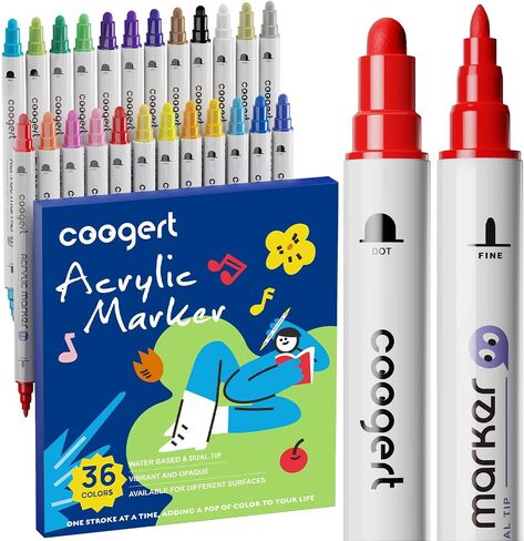 24 Dual Tip Acrylic Paint Markers, 1-5mm Dot Tip 1mm Fine Tip Acrylic Paint Pens For Rock Painting, Canvas, Wood, Glass, Ceramic, Fabric, Plastic, Egg, Art Painting Supplies Kit in Kuwait