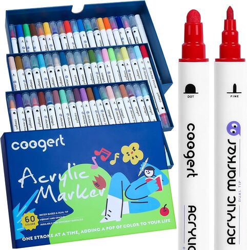 24 Dual Tip Acrylic Paint Markers, 1-5mm Dot Tip 1mm Fine Tip Acrylic Paint Pens For Rock Painting, Canvas, Wood, Glass, Ceramic, Fabric, Plastic, Egg, Art Painting Supplies Kit in Kuwait