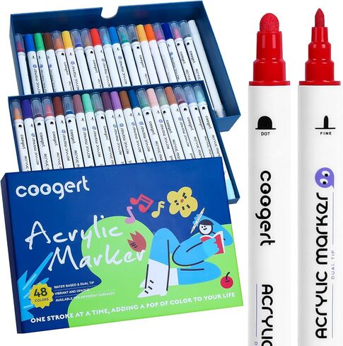 24 Dual Tip Acrylic Paint Markers, 1-5mm Dot Tip 1mm Fine Tip Acrylic Paint Pens For Rock Painting, Canvas, Wood, Glass, Ceramic, Fabric, Plastic, Egg, Art Painting Supplies Kit in Kuwait
