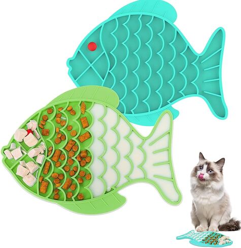 2 Pack Slow Feeder Cat Bowls, Fish-Shaped Silicone Puzzle Kitten Puppy Dog Feeders Non-Slip Design Lick Mat for Healthy Eatting,Treats Boredom Anxiety Reduction Reducer [Blue,Green] in Saudi Arabia
