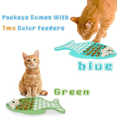 2 Pack Slow Feeder Cat Bowls, Fish-Shaped Silicone Puzzle Kitten Puppy Dog Feeders Non-Slip Design Lick Mat for Healthy Eatting,Treats Boredom Anxiety Reduction Reducer [Blue,Green] in Saudi Arabia
