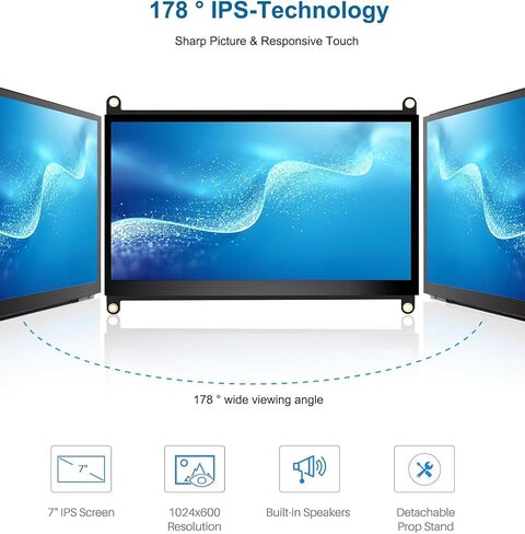 شاشة لمس 7 بوصة، شاشة لمس سعوية HD 1024×600 IPS LCD متوافقة مع R Pi 4B/3B+/3B/2/1B+/Zero Ora Pi 5 Por/3 Plus/3B/4B Ban Pi وWindows 10/8/7 in Kuwait
