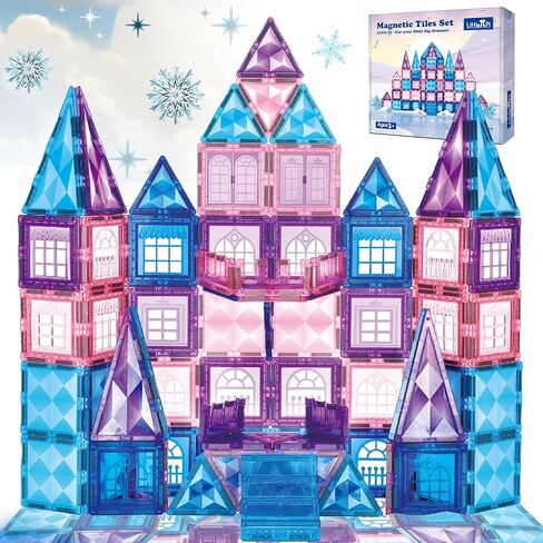 Little Pi 102pcs Frozen Princess Castle Magnetic Tiles Building Blocks - 3D Diamond Blocks, STEM Educational Toddler Toys for Pretend Play, 4 Year Old Girl Birthday Gifts Kids Ages 3 5 6 7 8 - Blue in Kuwait