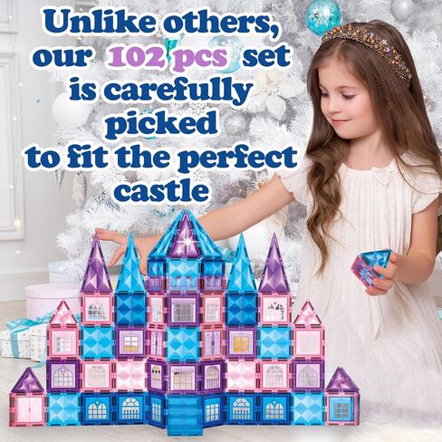 Little Pi 102pcs Frozen Princess Castle Magnetic Tiles Building Blocks - 3D Diamond Blocks, STEM Educational Toddler Toys for Pretend Play, 4 Year Old Girl Birthday Gifts Kids Ages 3 5 6 7 8 - Blue in Kuwait