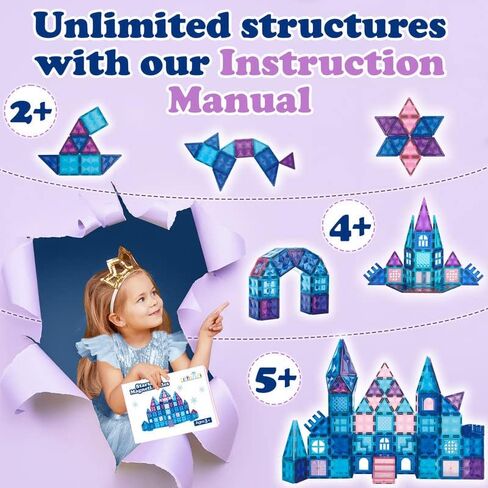 Little Pi 102pcs Frozen Princess Castle Magnetic Tiles Building Blocks - 3D Diamond Blocks, STEM Educational Toddler Toys for Pretend Play, 4 Year Old Girl Birthday Gifts Kids Ages 3 5 6 7 8 - Blue in Kuwait
