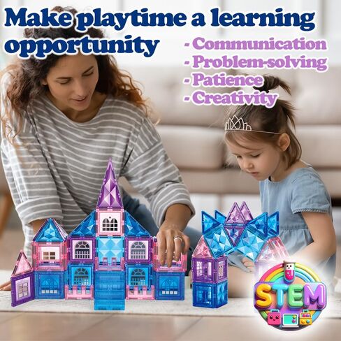 Little Pi 102pcs Frozen Princess Castle Magnetic Tiles Building Blocks - 3D Diamond Blocks, STEM Educational Toddler Toys for Pretend Play, 4 Year Old Girl Birthday Gifts Kids Ages 3 5 6 7 8 - Blue in Kuwait
