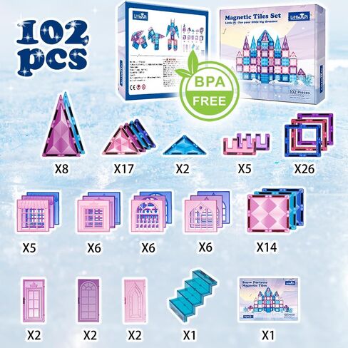 Little Pi 102pcs Frozen Princess Castle Magnetic Tiles Building Blocks - 3D Diamond Blocks, STEM Educational Toddler Toys for Pretend Play, 4 Year Old Girl Birthday Gifts Kids Ages 3 5 6 7 8 - Blue in Kuwait